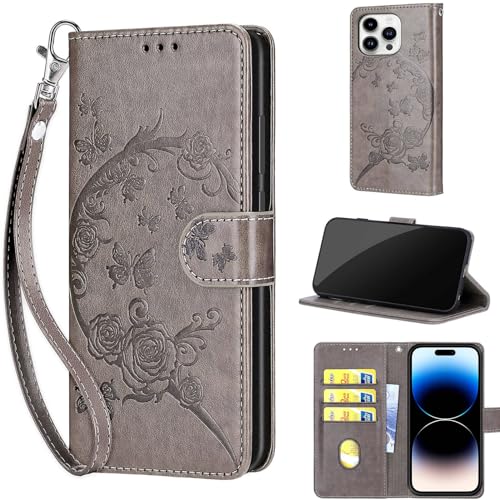 Coque iPhone 14 Pro portefeuille anti-chute avec dragonne et fleur grise