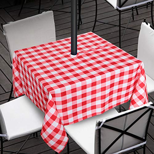 Liphontcta Outdoor Tablecloth With Umbrella Hole And Zipper,Waterproof Spillproof Polyester Fabric Red And White Check Rectangular Patio Table Cloth #TOP6