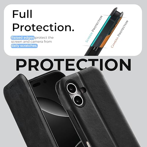 Image of PULOKA - Sleek Flip Case- Compatible for iPhone 16 - Premium Vegan Leather Phone Cover with Card Slot - Slim, Durable, Privacy Protection - Kickstand Function - Elegant Flip Wallet Cases- Black