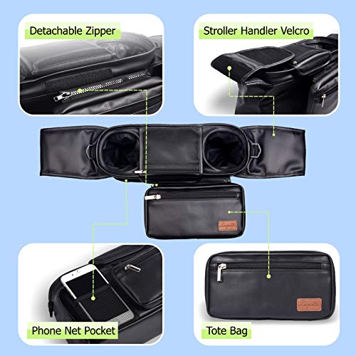 Waterproof Universal Stroller Organizer with Insulated Cup Holders, Lupantte Premium Leather Oil-Resistant Baby Stroller Organizer Fit for Britax, Graco, Baby Jogger, BOB Stroller, etc. Easy to Clean