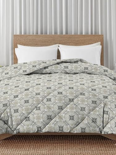 Image of HOMEKART 220 GSM Premium Reversible Microfiber AC Comforter for Single Bed | Soft, Lightweight & Breathable All-Season 3-Layer Quilted Blanket (150 cm x 225 cm, Floral, Grey & White)