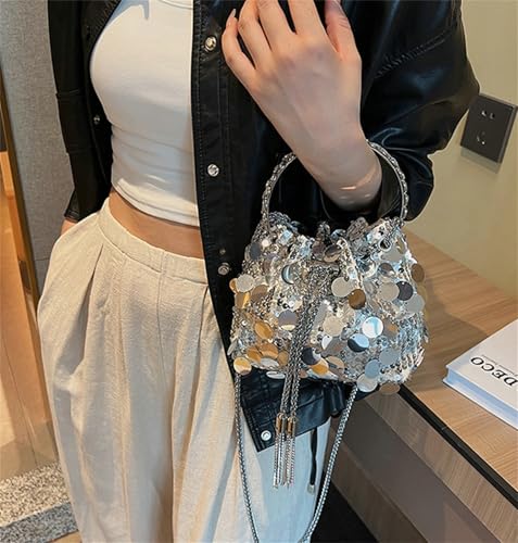 Silver Y2K Sequin Cross Body Bag Women Bucket Tote Purse Top Round Handle Sparkly Shoulder Party Club Evening2