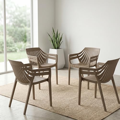 Image of OAKNEST Supreme Spectrum Plastic Arm Chair - Modern Slatted Stackable Chair for Living Room, Dining, Garden, Balcony, Restaurant & Cafe | Indoor Outdoor Designer Chair, Set of 4, Dark Beige