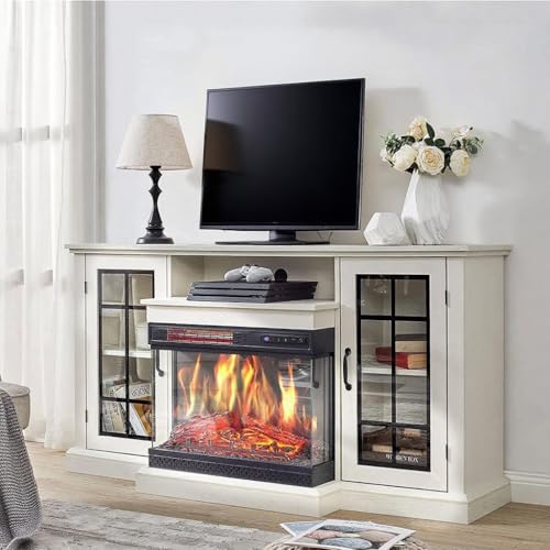 75'' Fireplace TV Stand, White Modern TV Stand with Electric Fireplace – 40" Heater, Adjustable LED Flame Effects and 12 Flame Colors, 2-Tier Storage & Cabinets