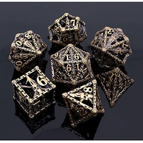 CREEBUY Hollow Metal DND Dice Set 3D Classical TRPG Polyhedral Dice for Dungeon and Dragons D&D Pathfinder Role Playing Games Brass Hollow Skeleton Dice with Dice Box Cover