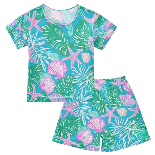 Tropical Leaf and Shell Kids Pjs Set Boys Girls Summer Short-Sleeve Sleepwear Pajamas 2PCS