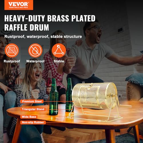 VEVOR Raffle Ticket Spinner - 12 x 8 Inch Raffle Drum Lottery Spinning Drawing, Brass Plated Raffle Tickets Roll Box with Wooden Turning Handle Holds 2500 Tickets or 100 Ping Pong Balls for Events