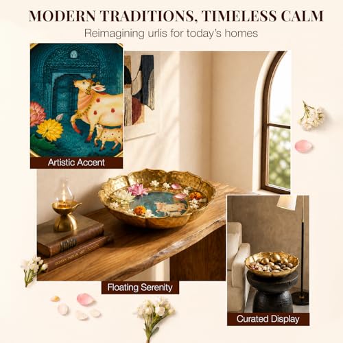 Image of Hammered Golden Lotus Urli Bowl with Sacred Cow Art | Decorative Metal Pooja Urli for Floating Flowers, Tealights & Festive Home Decor | Lotus Petal Design Centerpiece