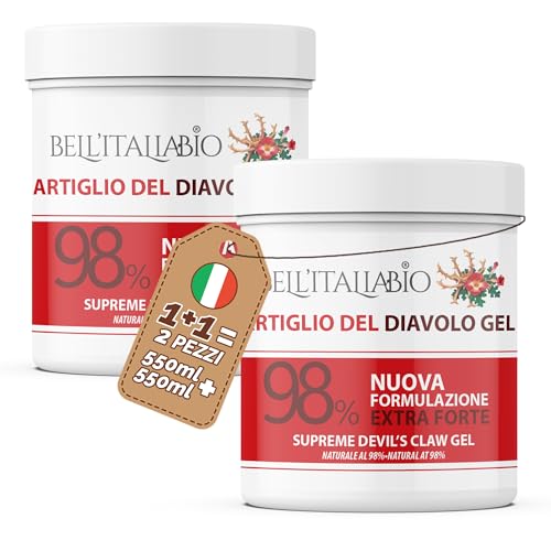 Artiglio del Diavolo Extra Forte Gel al 98%, Pomata Artiglio del Diavolo Formula Naturale e Professionale per Massaggi a Muscoli e Articolazioni BELL'ITALIABIO 2 x 550 ml