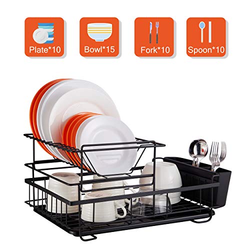 2 Tier Dish Rack, NATUROUS Dish Drying Rack Kitchen Organizer with Drain Board, Utensil Holder, Black - Thumbnail 4