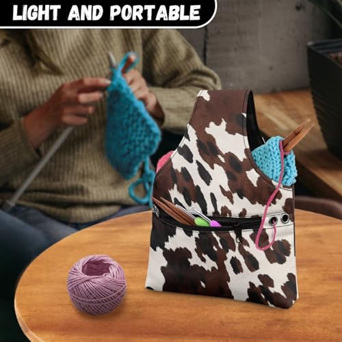 Image of KUIFORTI Cow Print Yarn Bag Kniting Wrist Bag Small Yarn Bags for Crocheting on The Go, Crochet Accessories Knitting Needles Holder Bag