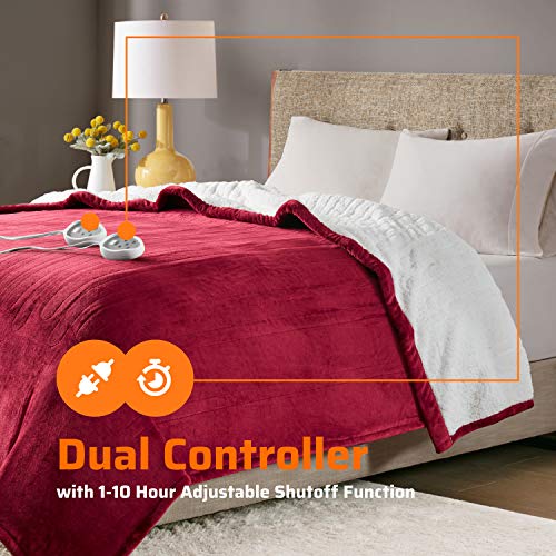 Sherpa Soft Dual Control Electric Blanket King Size, Heating Blankets | Washable | 1-10 Hour Automatic Shut Off | Double Zone, 20 Heat Settings | 100" X 90" Red #TOP1