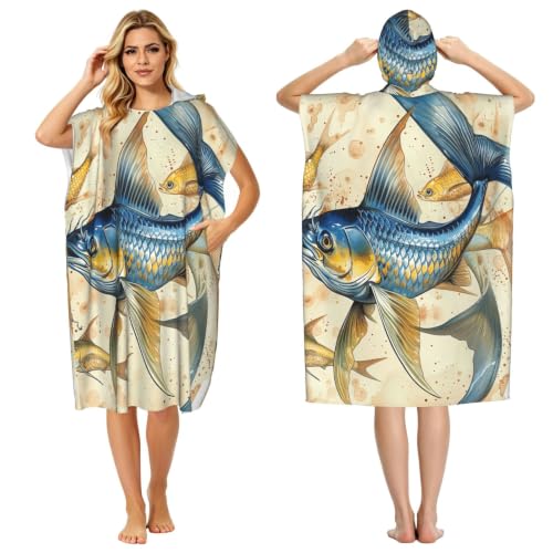 BEIVGOXL Fish Art Print Printed Quick Dry Surf Poncho Hooded Beach Towel