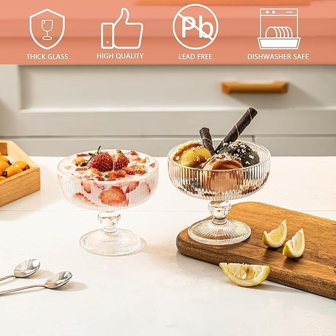 Image of PrimeWorld 260ml Ice Cream Glass Cups - Set of 6 | Dessert, Milkshake, Fruit & Pudding Serving Bowls | Elegant Glass Dishes for Home, Restaurants & Parties | Dishwasher Safe