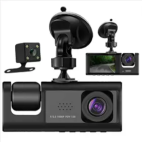 Câmera Veicular Full HD 1080P com 3 câmeras - Segurança 360° com Visão Noturna Infravermelha, Sensor de Colisão G-Sensor, Monitor de Estacionamento e Gravação em Loop, Tela LCD 2".