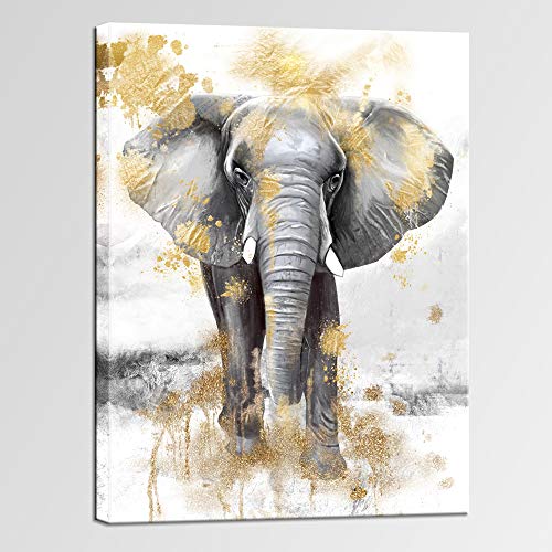 Sechars Tableau mural moderne avec motif éléphant doré et gris Impression sur toile Art contemporain pour salon chambre à coucher Décoration murale encadrée prête à être accrochée 24 x 32 cm