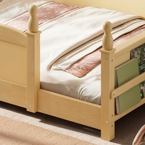 Image of Bellemave Twin Size Montessori Floor Bed Frame with High Fence, Solid Wood Kids Floor Bed with Bookshelf, Low Profile Bed for Boys & Girls, Childlike Design,Natural
