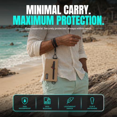 Image of Drench RFID Waterproof Floating Wallet IPX8 Dry Bag for Cards & Cash, Tan | IPX8 waterproof RFID wallet for cards, cash & keys with floating design, adjustable lanyard, belt loop & carabiner
