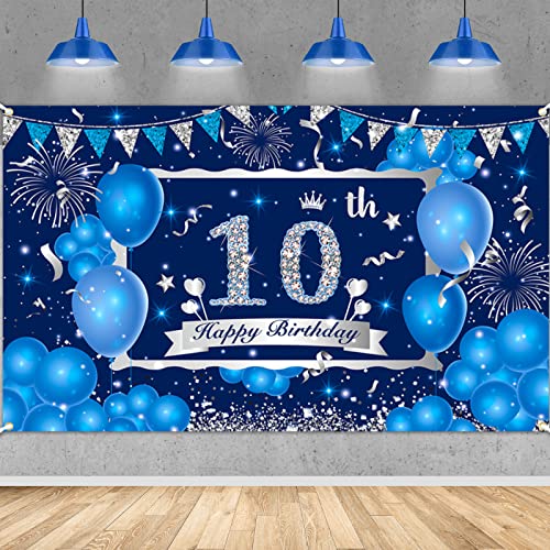 Blauer 10. Geburtstag Dekorationsbanner für Jungen Mädchen, zweistelliger 10. Geburtstag Dekorationsbanner, Blau Silber Happy 10. Geburtstag Banner Hintergrund Fotohintergrund Party Dekoration Cover