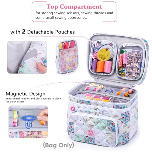 AMOIGEE Double-Layer Sewing Organizer Storage Bag with 2 Detachable Pouches, Large Quilted Sewing Basket for Supplies & Tools, Portable Travel Sewing Kit Case, Gift for Mom(Bag ONLY) - Thumbnail 4