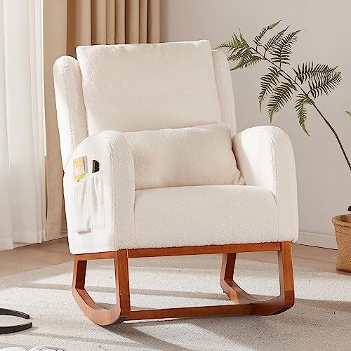 Image of Iroomy Modern Accent Rocking Chair, Upholstered Rocking Chair Glider Rocker High Back Arm Chair with 2 Side Pockets, Rocking Chair Indoor for Living Room/Bedroom/Nursery-White Teddy