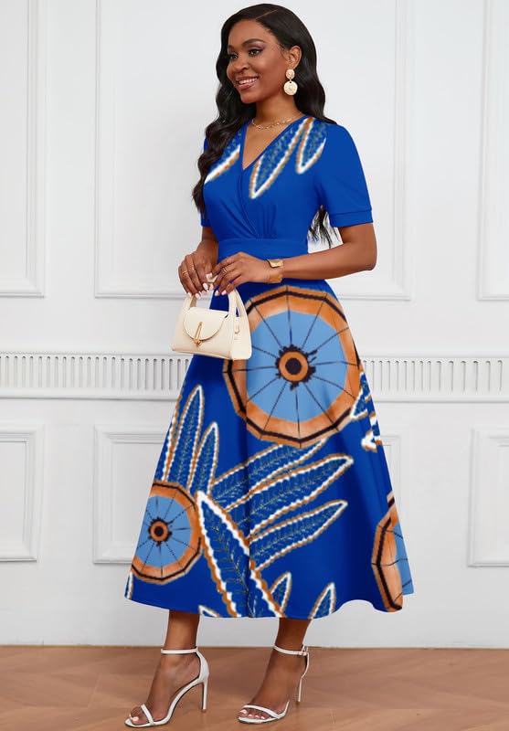 Image of MarryUP Women's Midi Dresses - V Neck Cocktail & Church Tea Dresses - Short Sleeve A-Line Swing Dress