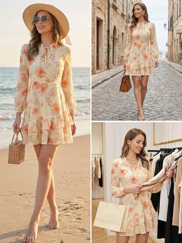 Image of Allegra K Women's Spring Dresses 2026 Tie V Neck Semi Sheer Long Sleeve Layered Tiered Chiffon Mini Floral Dress