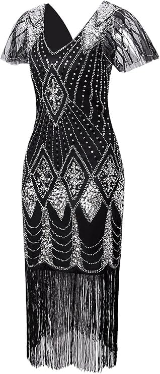Image of 869A - Plus Size 1920s Vintage Fringed Gatsby Sequin Beaded Tassels Hem Flapper Party Prom Cocktail Dress with Accessories (Black Silver Diamond, 2X)