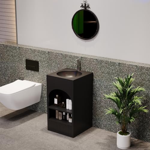 Mueble de baño con lavabo, repisa inferior y espejo para WC en color negro 3