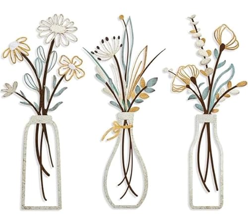 3 Stück Metall Blumen Wanddekoration, Bunte Metall Blumen Wandskulptur, Schwarze Minimalistische Vase Wandkunst, Wandkunst Badezimmer Dekoration für Terrasse Wohnzimmer Badezimmer Schlafzimmer
