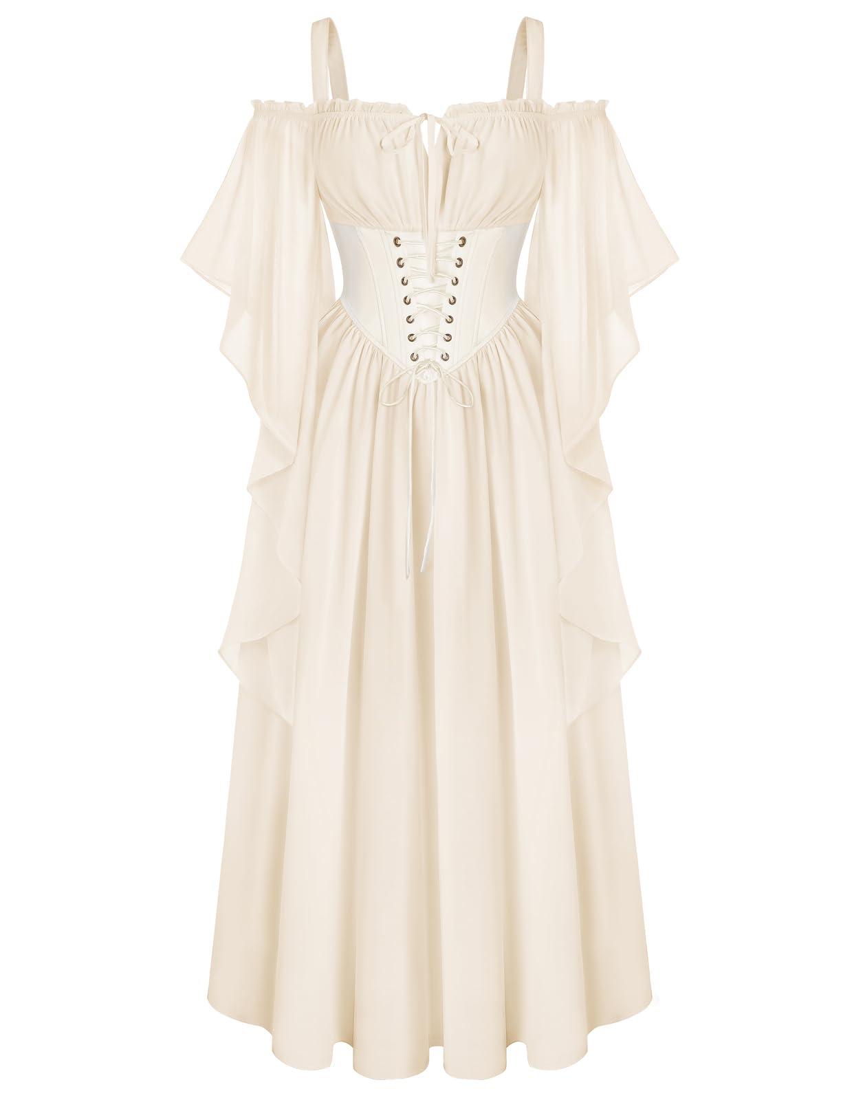 Scarlet Darkness Women Renaissance Fairycore Dress Corset Waist Off Shoulder Chiffon Dress with Pocket Medieval Costume, Oyster White, XXL