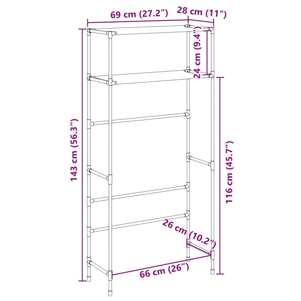 Waschmaschinenregal 2 Ablagen Grau 69x28x143 cm Eisen | Robuster Eisenrahmen, platzsparend über Waschmaschine, Vliesstoff, inklusive Wandhalterung