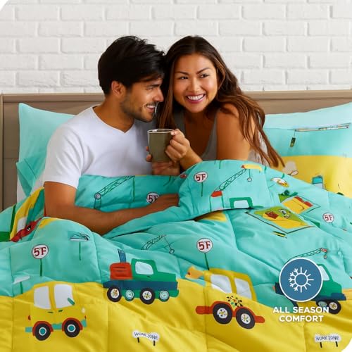 Image of 200 GSM 400 TC Kids Glace Cotton Reversible Cartoon Printed Double Bed King Size Comforter with Matching Bedsheet 90 * 100 with 2 Pillow Covers Set of 4 Pieces (Yellow Bus)