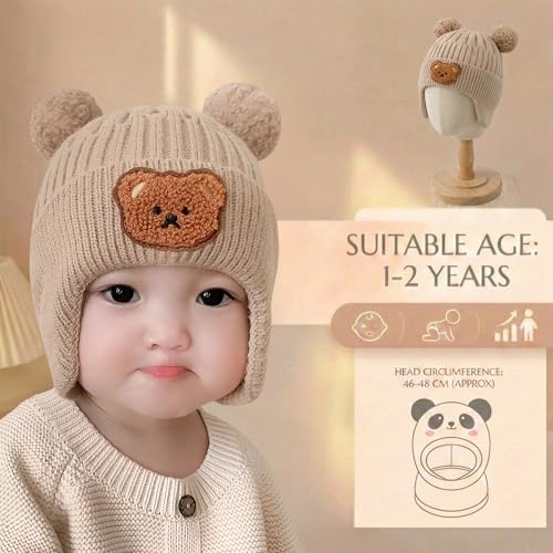 Image of Kraptick Children's Pompom Winter Warm Caps for Toddlers & Kids, Soft Knitted Beanie with Warm Earflaps, Cute Teddy Bear Design, Unisex Baby Woolen Hat-2