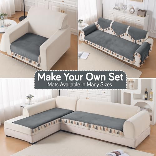 Image of HOKIPO Premium Holland Velvet Sofa Cover with Tassel for 1 /2 /3 Seater & L Shape Sofa | Make Your Own Set, 'TasselTone Series' Sofa Mat, 70(W) x 90(L) cm, Graphite Grey (IN-1105-DGRY)