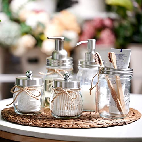 Amolliar Mason Jar Bathroom Accessories Set(4 Pack) - Lotion Soap Dispenser&Qtip Holder Set&Toothbrush Holder-Rustic Farmhouse Decor Apothecary Jar Bathroom Countertop,Vanity Organize (Brushed Nickel) #TOP6