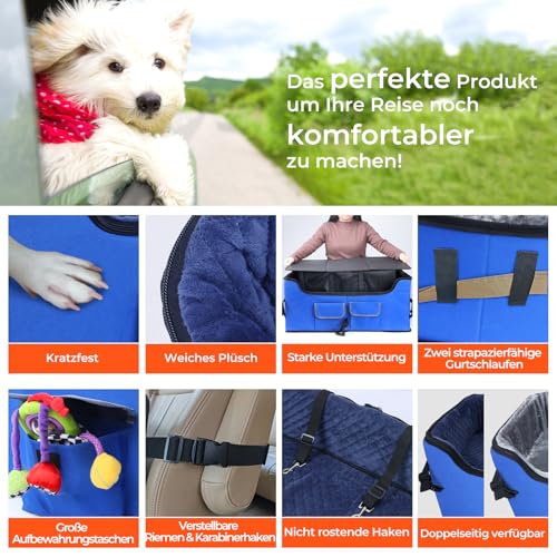 Babenest Hunde Autositz, Sehr Stabiler Mehrere Haustiere Auto Erhöhter mit Sicherheitsgurt für Mittlere Hunde, Faltbare Waschbarer und Große Kapazitäter Auto Hundekorb für Rücksitz (Blue, L)