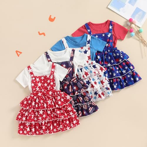 Image of Toddler Baby Girl Summer Clothes Kids Short Sleeve Solid T-Shirt Ruffle Daisy Skirts Overalls Dress Outfit 18M-6T