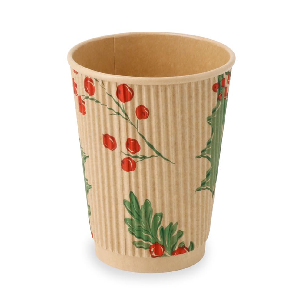 BIOZOYG 250 gobelets cannelés de 300 ml 'Branches' d'hiver pour café à emporter biodégradables à usage unique. Gobelets cannelés en carton compostable non blanchi pour le vin chaud.