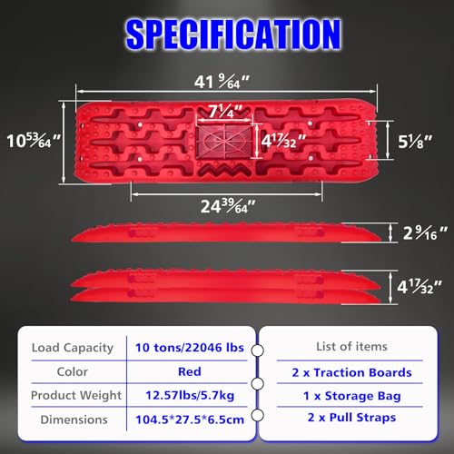 Traction Boards Offroad,Recovery Traction Boards with Jack Base,Offroad Accessories 4x4 for Truck Vehicle Jeep SUV,Mud, Snow,Sand,Scree with 2 Straps&Storage Bag,Red