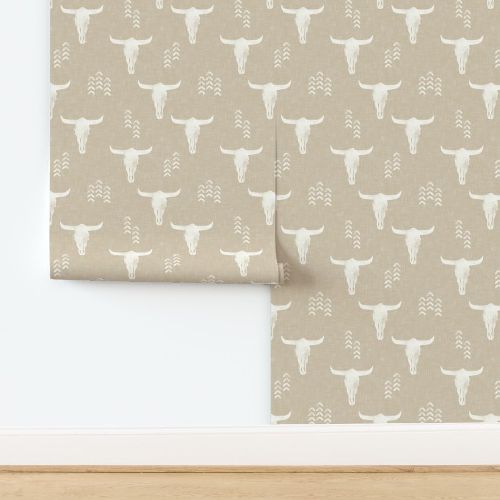 Peel & Stick Wallpaper 12ft x 2ft - Southwestern Boho Cow Skull Neutral Bohemian Desert Sand Beige Cream Custom Removable Wallpaper by Spoonflower