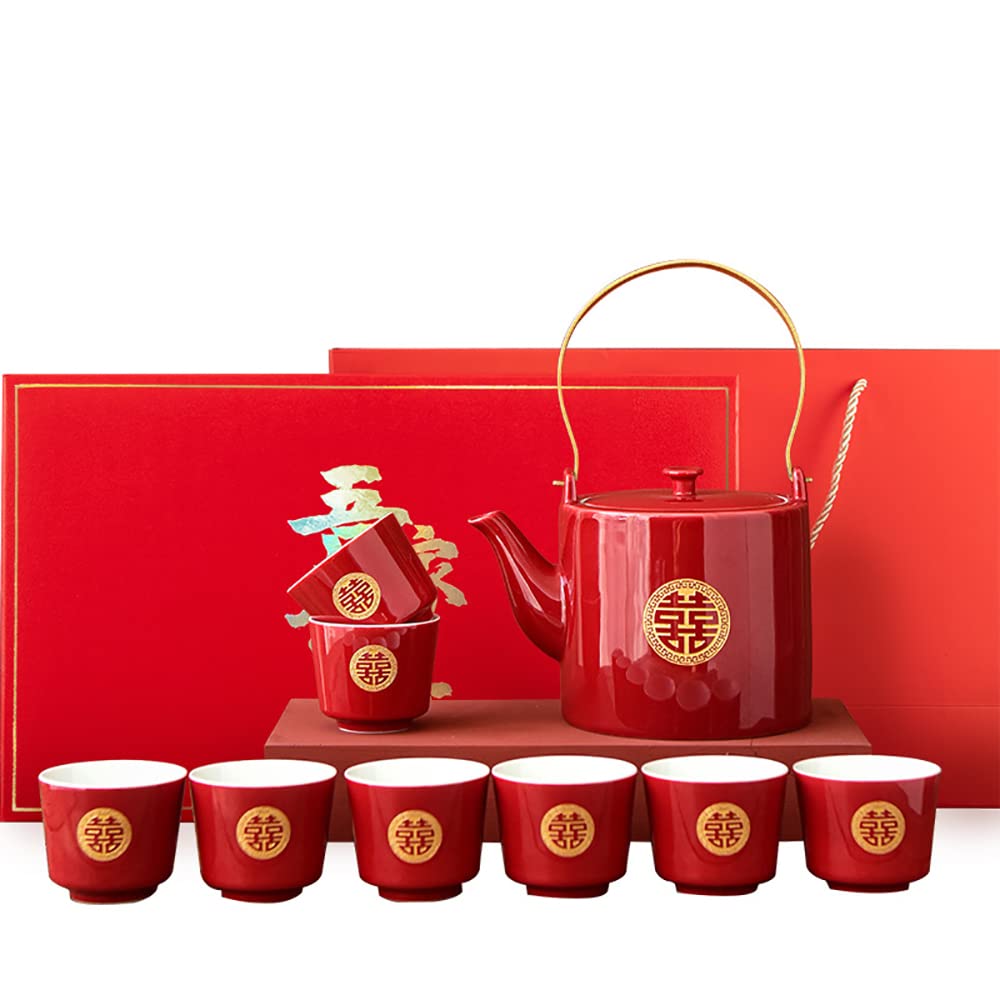 TANFEI Wedding Tea Set, Kung Fu Tea Set, Double Happiness Porcelain Red Wedding Tea Set, Chinese Traditional Wedding Decoration Supplies