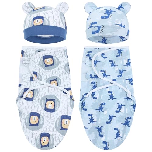 Image of Cinaci 2 Pack Adjustable Soft Cotton Blend Newborn Baby Receiving Swaddle Blankets Sleep Sacks with Nursery Hats Caps Beanies Bonnets for Baby Girls Boys Newborns Infants