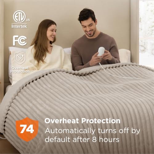 Image of Bedsure Electric Blanket Queen Size - Thick Striped Flannel Electric Blanket with Dual Control, Heating with 6 Heat Settings & 6 Time Settings, 8 hrs Timer Auto Shut Off (84x90 inches, Linen)