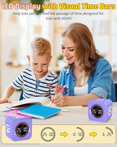 Image of Digital Pomodoro Timer Cube 5 /10 /25 /50min, Visual Productivity Flip Timer for Kids Classroom Desk, Custom Countdown, Silent and Sound Mode for ADHD Study Work Game Kitchen (Purple)