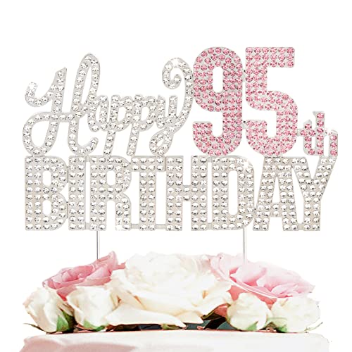 Nelbiirth Decoración para tarta de cumpleaños número 95, plata y rosa con diamantes de imitación – Cheers to 95 Years Old 95th Bday de metal brillante para centros de mesa para decoración de tartas.