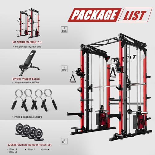 Image of RitFit M1 Pro Smith Machine Package, All-in-One Power Cage with Weight Stack Set, Includes LAT Pulldown & Cable Crossover System for Home Gym