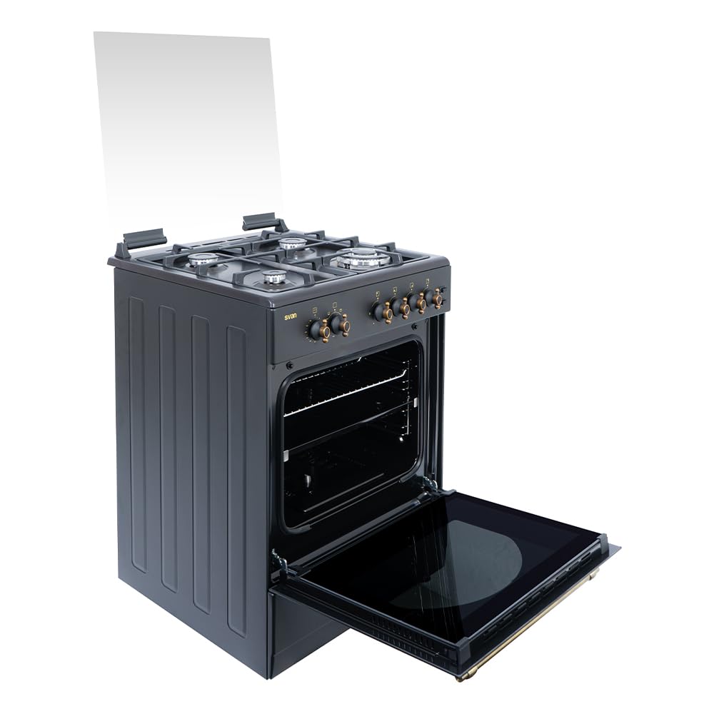 Svan Cocina Gas Butano 4 Zonas de Cocción, Horno 59 L, Rústico negro SKGW4600RN. Control Manual, Quemador WOK triple llama, 2 Programas de Cocción, Cristal en Puerta de Doble Capa, Tapa Abatible