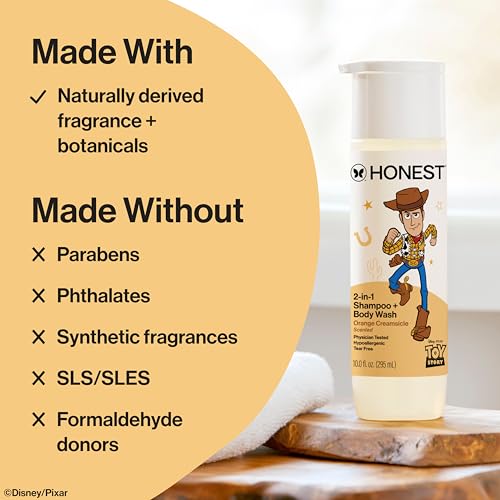 Image of The Honest Company Cleansing 2-in-1 Shampoo + Body Wash, Gentle on Skin, Dermatologist Tested, Tear Free, Hypoallergenic, Disney and Pixar's Toy Story, Orange Creamsicle
