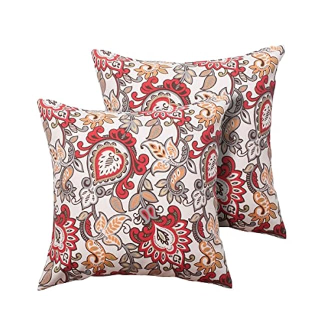 Magpie Fabrcis Pack of 2 Outdoor Waterproof Throw Pillow with Insert 18 x 18 Inch, Christmas Decorative Back Cushion Pad for Garden Patio Tent Balcony Couch Sofa(Floral Red Orange)